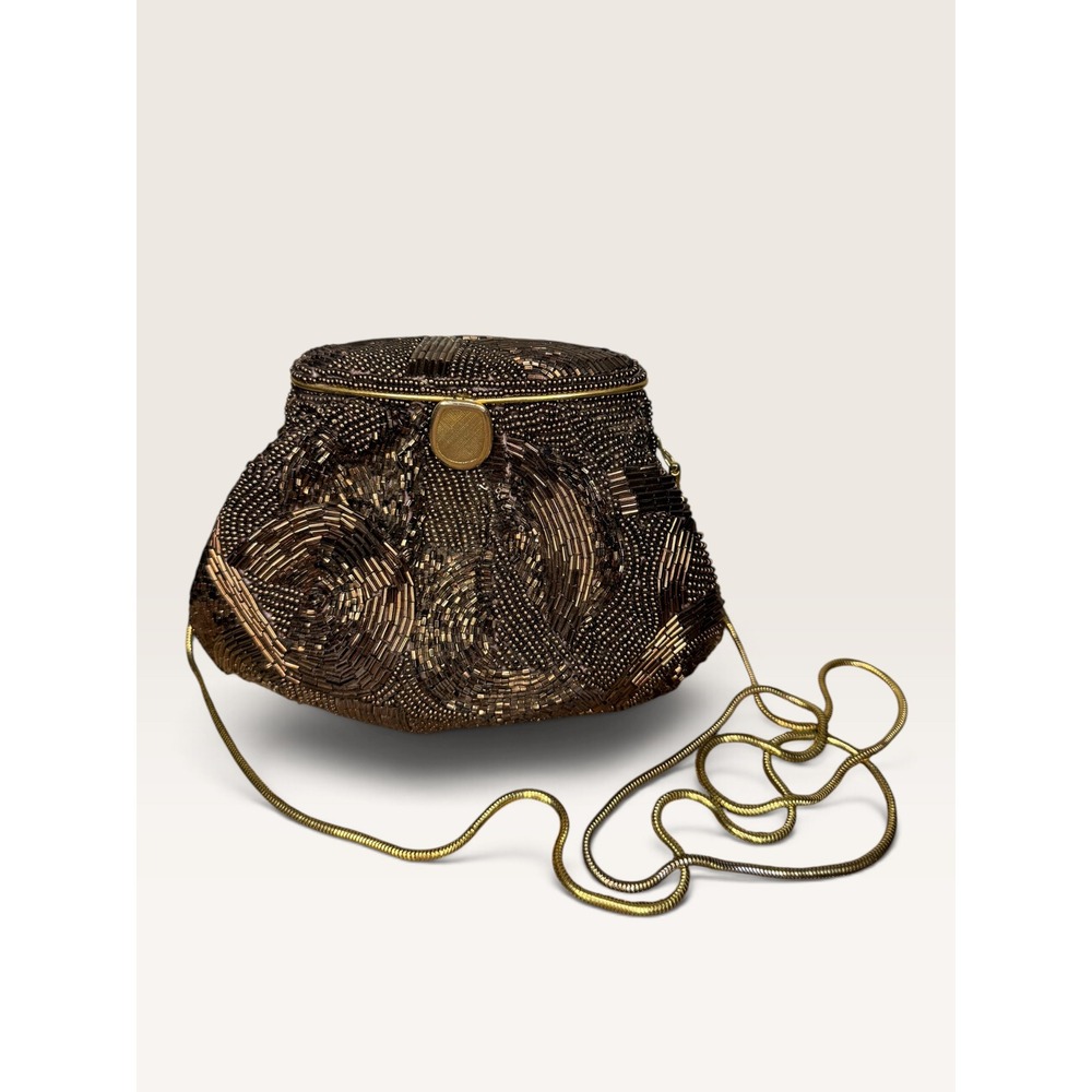 Vintage Hand Beaded Bronze & Gold Evening Clutch Shoulder Bag 1970s